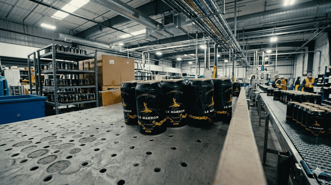Le Marron Beer en usine cannettes Le Marron Beer